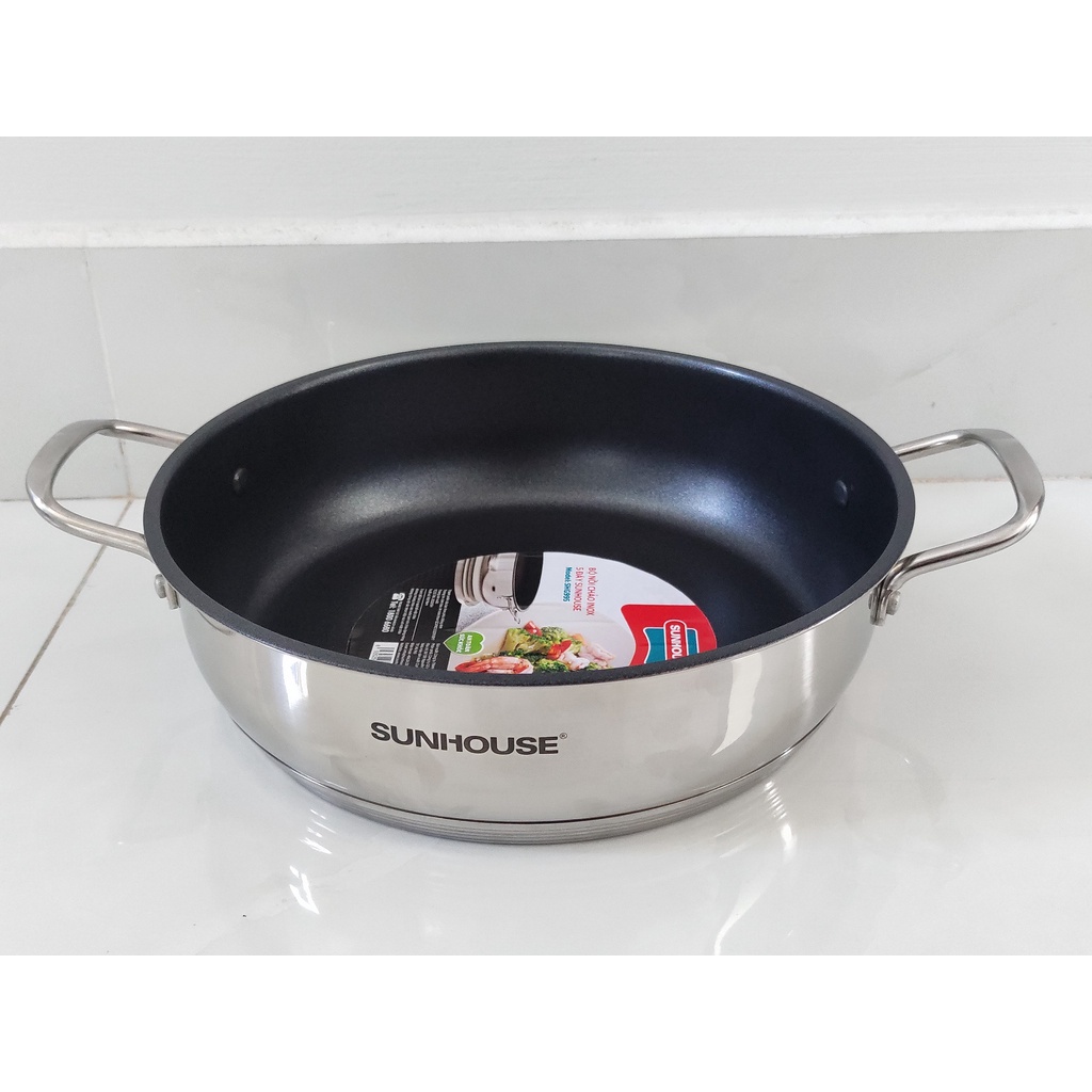 Chảo 2 Quai Inox 5 Đáy Chống Dính SUNHOUSE 24cm (Dùng Trên Mọi Loại Bếp)