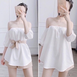 Sale =>set áo trễ vai + quần sooc kèm đai trẻ trung sang chuẩn ak
