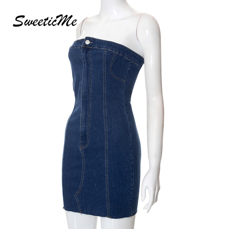 Đầm Denim Không Tay Màu Trơn Lưng Cao Thời Trang Dành Cho Nữ