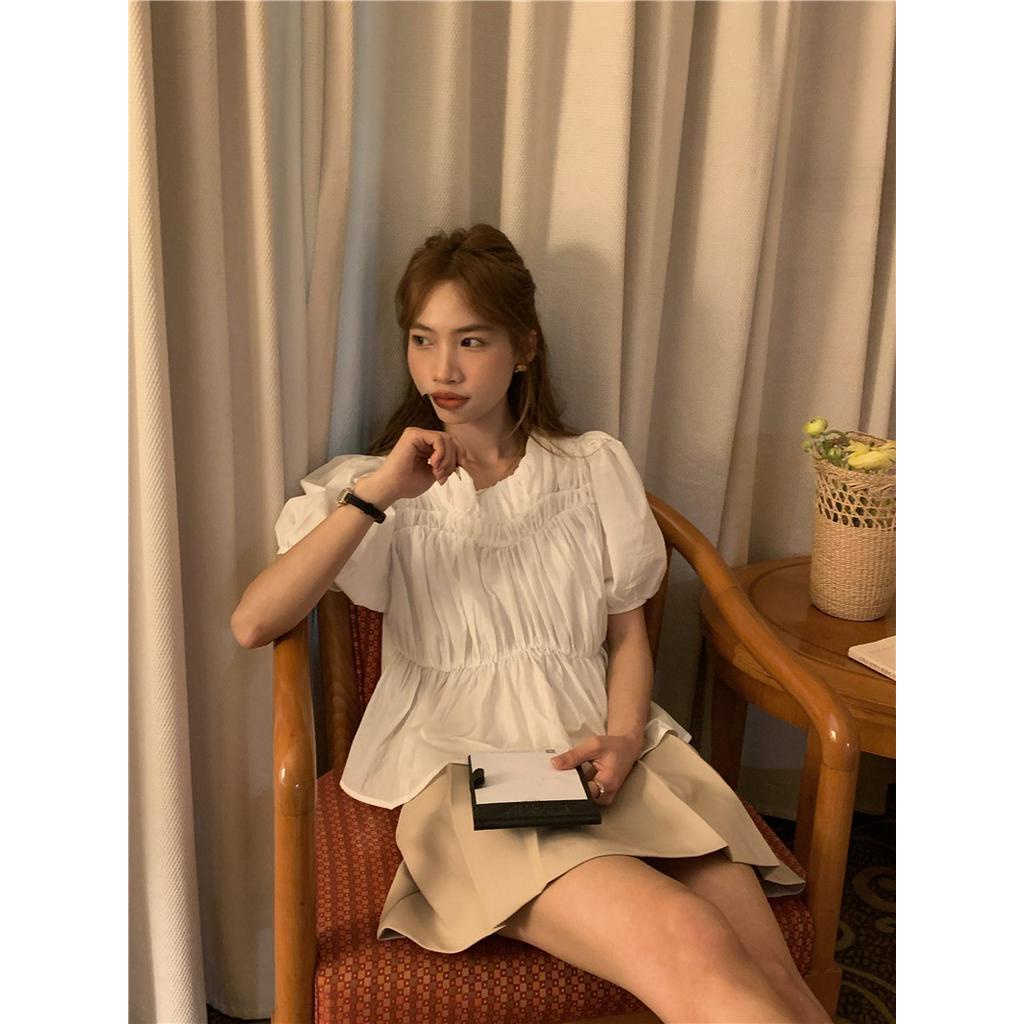 Áo Kiểu Tay Phồng Cổ Tròn Xếp Ly 2 Màu Phong Cách Pháp 62621