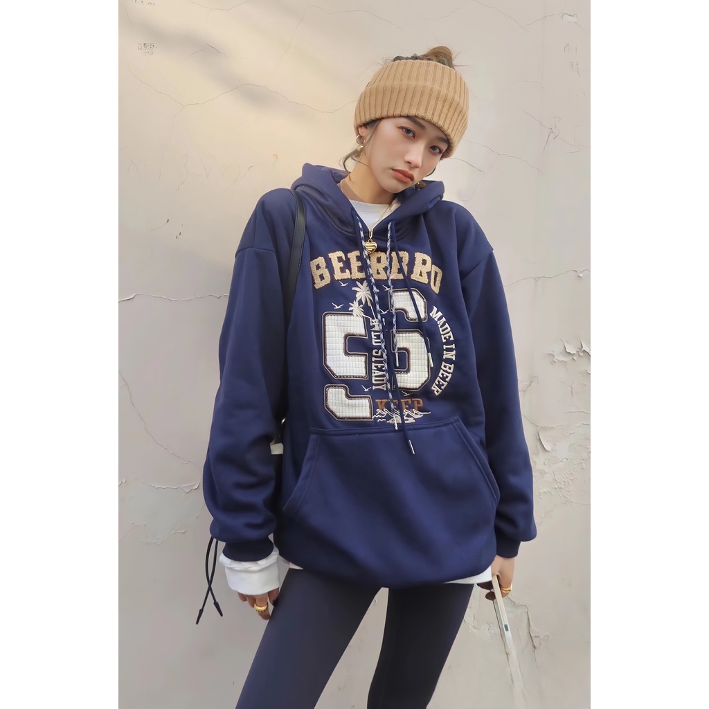 Áo Hoodie Nỉ BEERBRO Nam Nữ Dáng Thụng Màu Xanh In Chữ