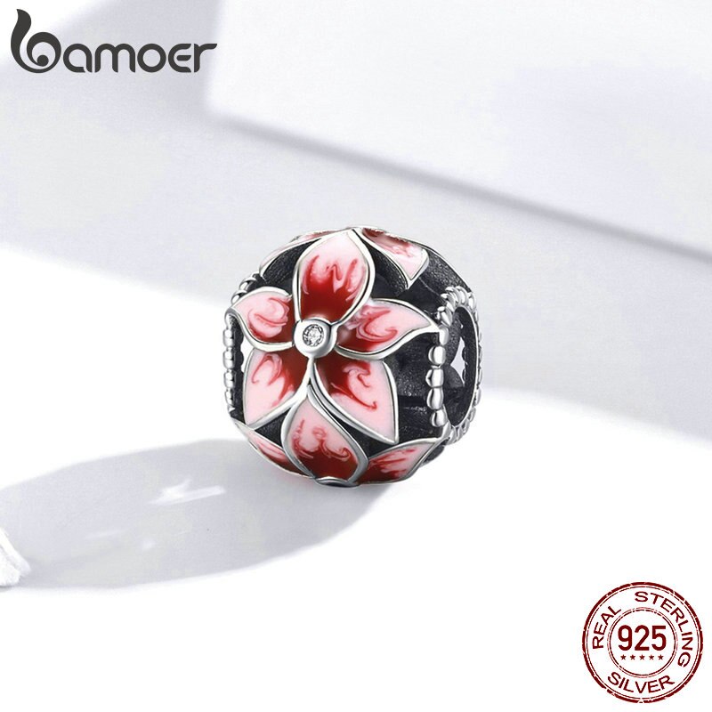 Mặt trang sức bamoer SCC1707 hình hoa anh đào 3mm bằng bạc thật 925 dùng làm vòng tay độc đáo