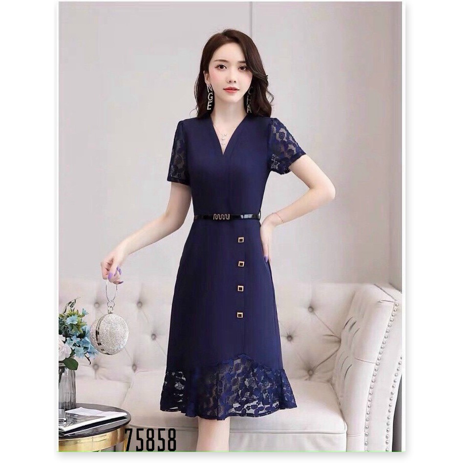 ĐẦM SUÔNG NỮ CỔ V PHỐI REN LỊCH THIỆP SANG TRỌNG CHO PHÁI ĐẸP HHP