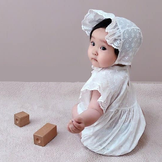 Set Áo Liền Quần Tay Ngắn Phối Ren Hoa + Nón Dành Cho Bé Gái