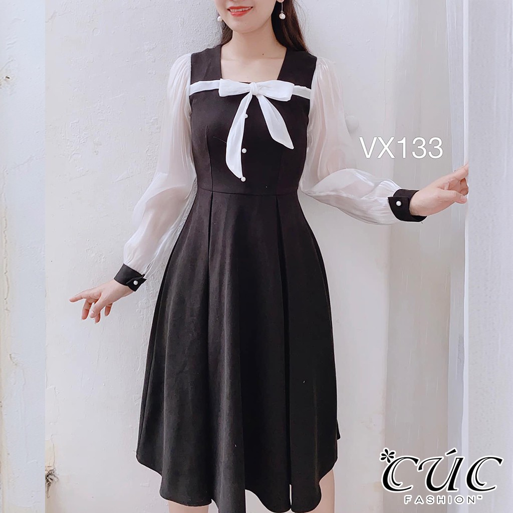 Váy đầm liền thân công sở cao cấp Cúc Fashion VX133 đầm váy nơ ngực tơ trắng