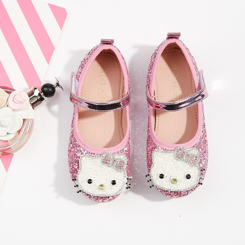 Hellokitty Giày Búp Bê Đế Bằng Đính Đá Hình Hello Kitty Xinh Xắn Cho Bé Gái