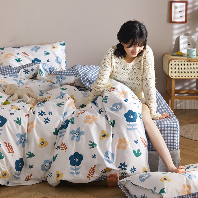 Bộ chăn ga Cotton poly hoa lá M2T Bedding chăn ga Hàn Quốc đủ size miễn phí bo chun drap ga giường