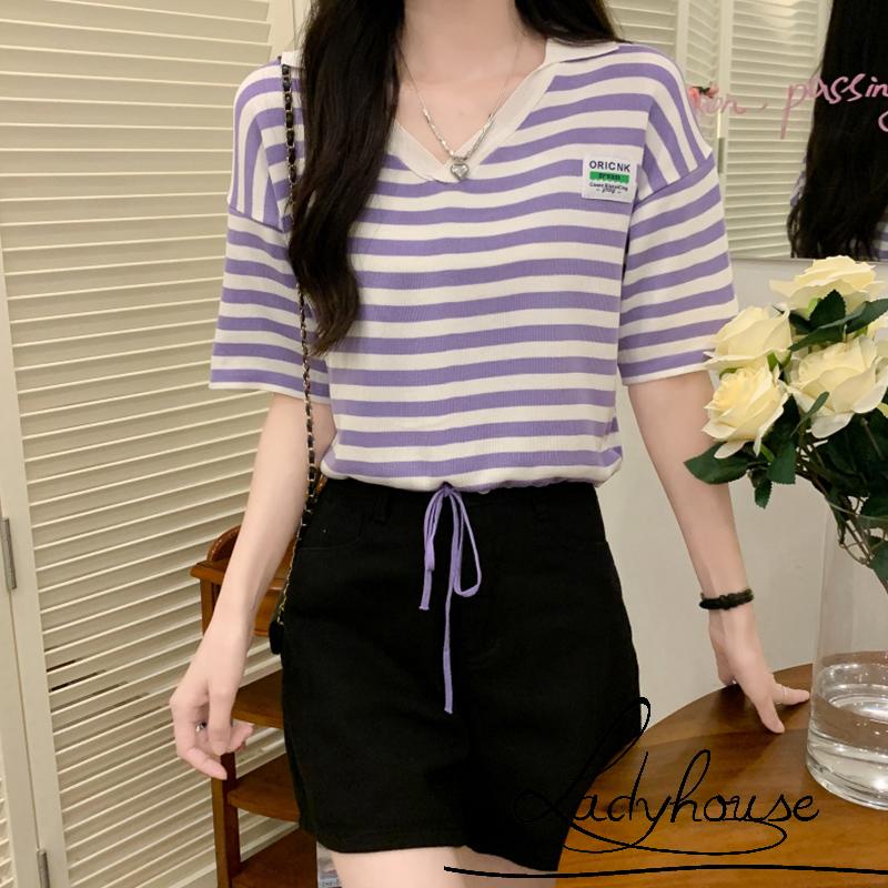 Áo Thun Ngắn Hở Rốn Tay Lửng Dáng Rộng Cổ Bẻ In Họa Tiết Sọc Ngang Có Dây Rút Cho Nữ