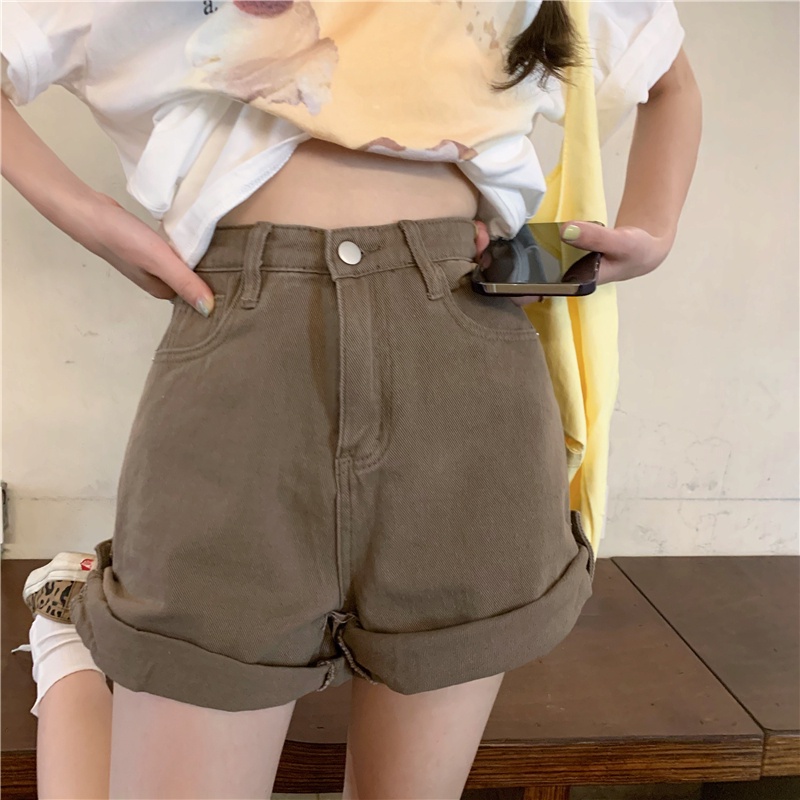 HUANG YOYO Quần Short jeans Lưng Cao Ống Rộng Thời Trang Cho Nữ