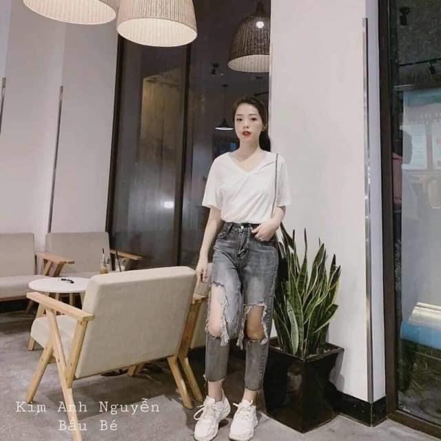 Áo phông nữ cotton giấy cổ tim đơn giản mát nhẹ dễ mặc | BigBuy360 - bigbuy360.vn