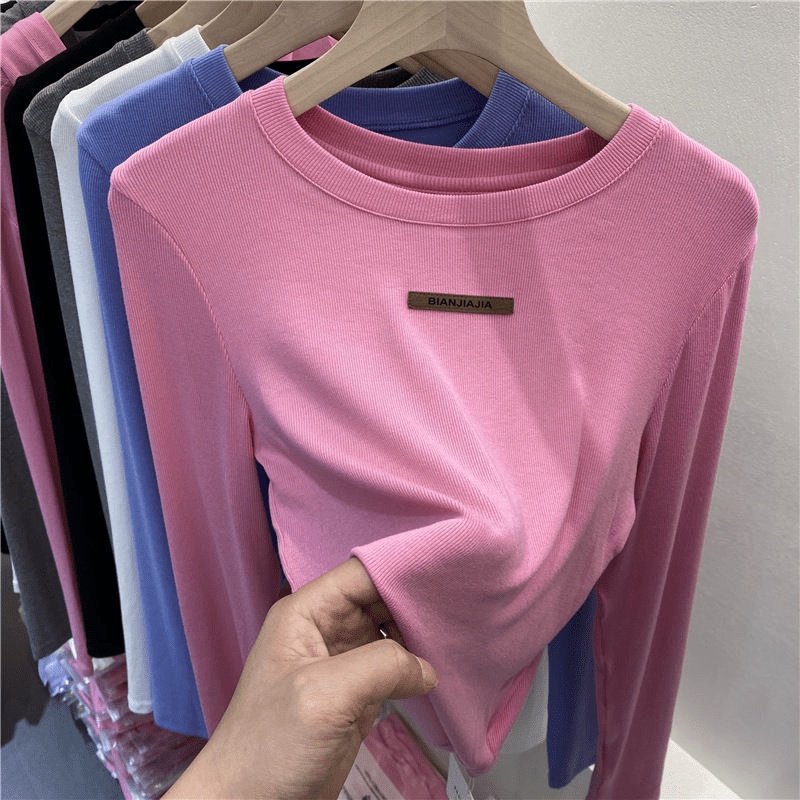 95 cotton Châu Âu áo thun dài tay cổ tròn lưng cao của phụ nữ 2022 mùa thu mới gợi cảm bên trong áo sơ mi đáy từ trên xu