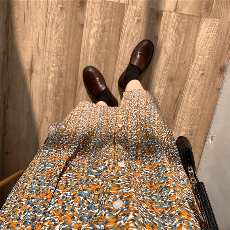 IELGY   Đầm Chiffon Dài Tay Cổ Tròn In Hoa Thời Trang