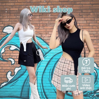 Áo ba lỗ nữ, áo croptop ba lỗ nữ 2 tà cut out phom ôm hở eo sexy đen trắng tập gym yoga đi chơi hàn quốc Wikishop C1058