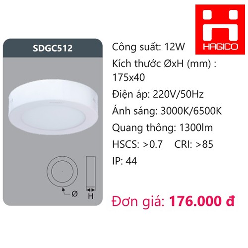 Bóng đèn Led ốp trần vuông tròn 12W Duhal SDGC512 SDGB512 KDGC512 KDGB512