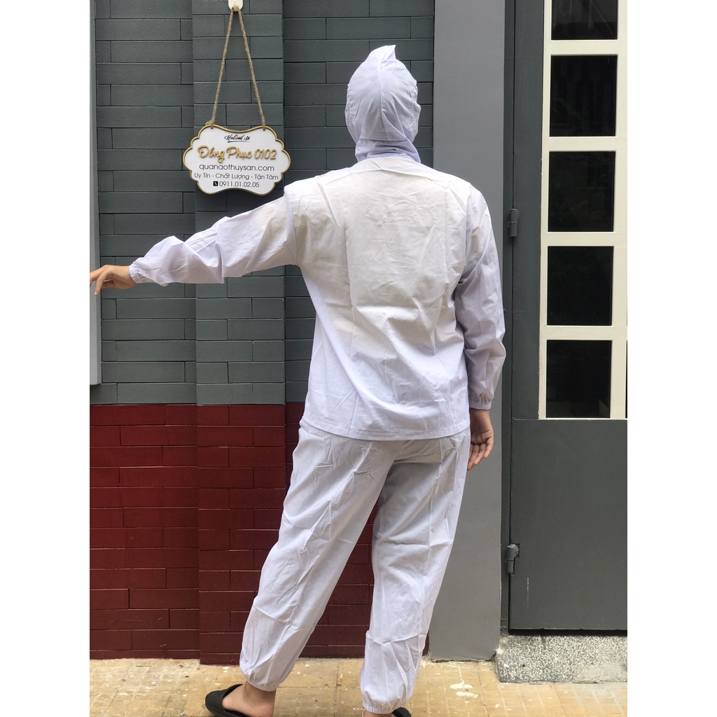 Quần áo thủy sản kate thường + nón cho công nhân chế biến thủy sản, thực phẩm, xưởng sản xuất trực tiếp hàng có sẵn