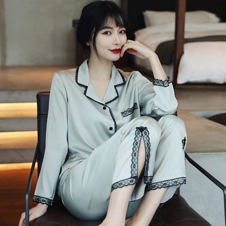 Bộ pijama lụa cao cấp, bộ đồ dài tay nữ tính phong cách Hàn Quốc Mã PK