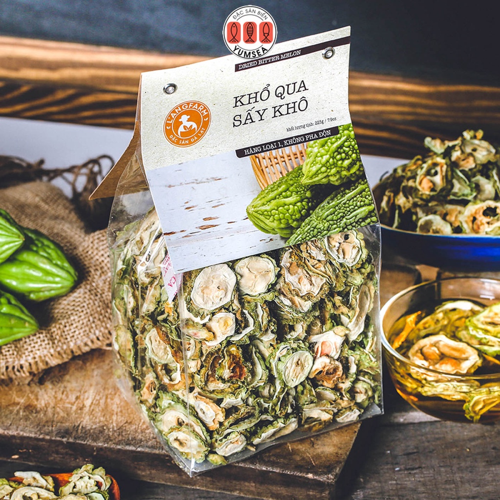 Khổ qua sấy khô, 225g, bịch, mẫu nhãn kẹp