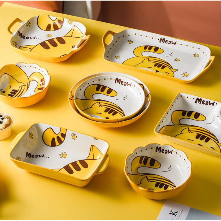 Bộ chén bát sứ, đĩa sứ, khay sứ cao cấp Mèo vàng Decor trang trí bàn ăn