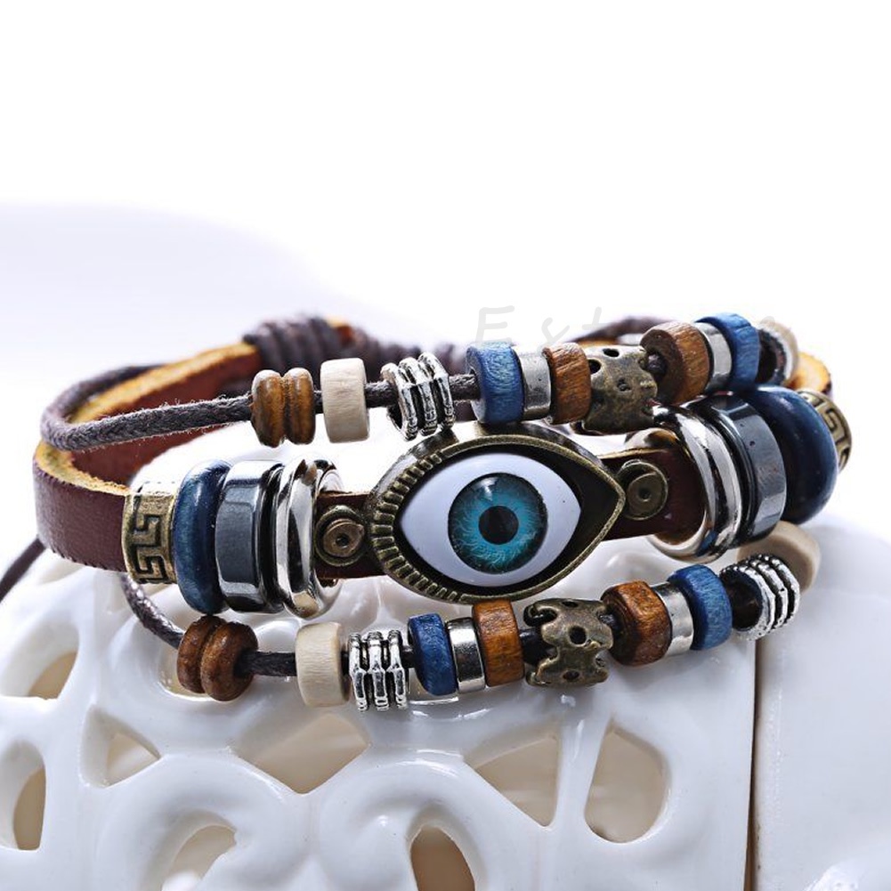Vòng Tay Da Nhiều Lớp Màu Đồng Đính Đá Mắt Quỷ Phong Cách Thổ Nhĩ Kỳ
