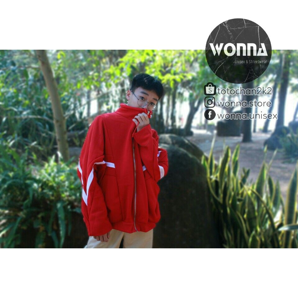 (ORDER) (Kèm ảnh thật) Áo Khoác Nỉ Unisex Ulzzang Oversize Hàn sọc viền trắng form rộng áo nam nữ Quảng Châu đỏ đen | BigBuy360 - bigbuy360.vn