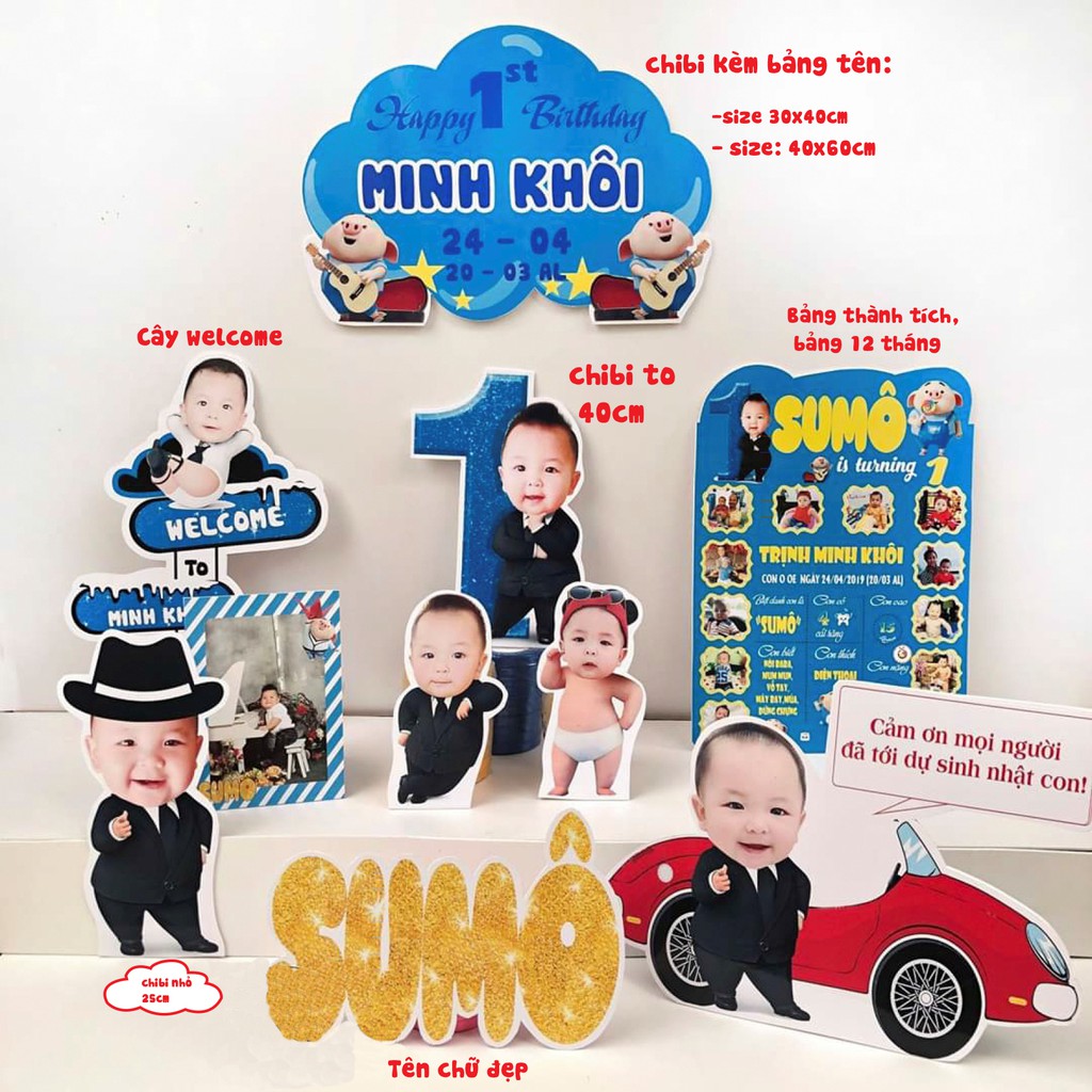 Combo hình chibi, bảng tên, welcome sinh nhật, trang trí sinh nhật bàn tiệc thiết kế riêng theo mỗi bé