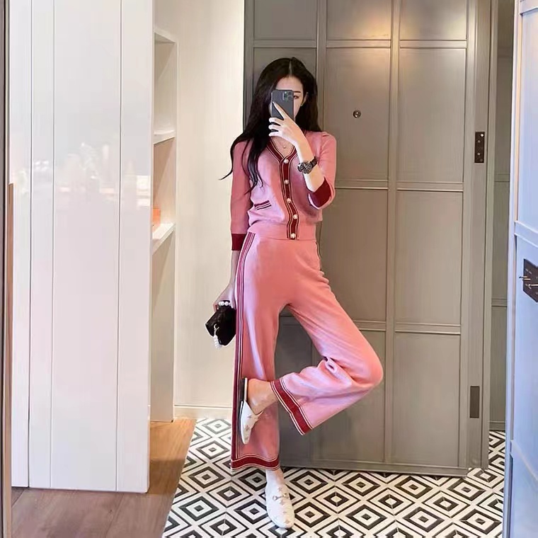 DUNEA Set đồ thể thao gồm quần ống rộng + áo dệt kim tay dài trẻ trung quyến rũ cho nữ