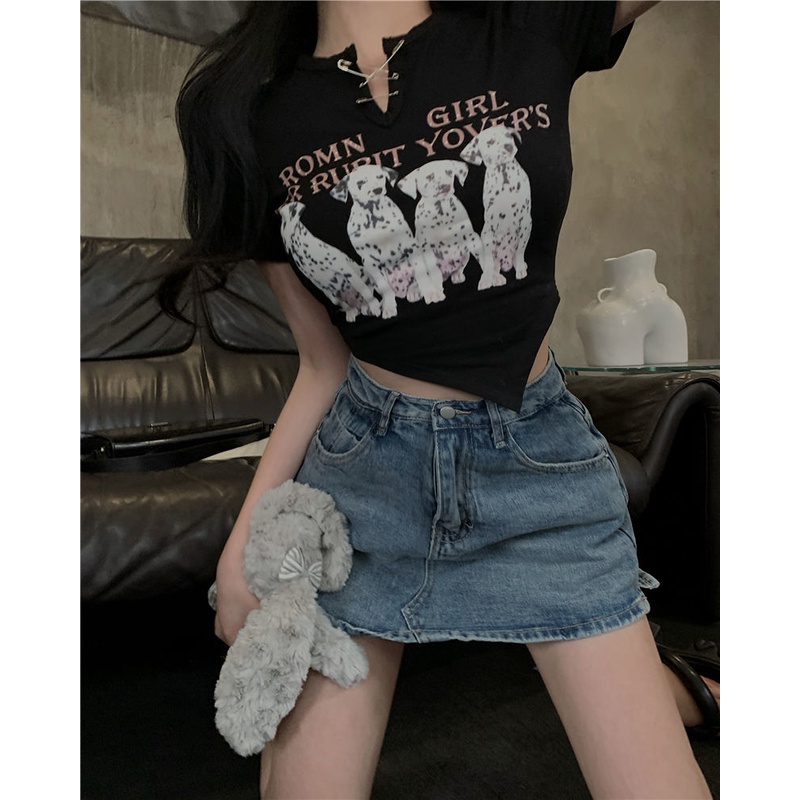 COZOK Áo Thun Tay Ngắn Cổ Chữ V In Họa Tiết Hoạt Hình Độc Đáo Phong Cách Hồng Kông Cá Tính