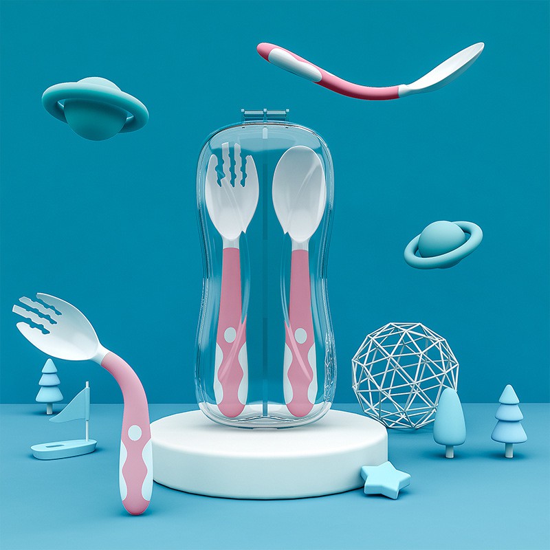 Bộ Thìa-Dĩa-Đũa Cho Bé Tập Ăn-Tập Xúc-Ăn Dặm-Cán Ngắn Có nút Chặn An Toàn-kèm Hộp Đựng Vệ Sinh