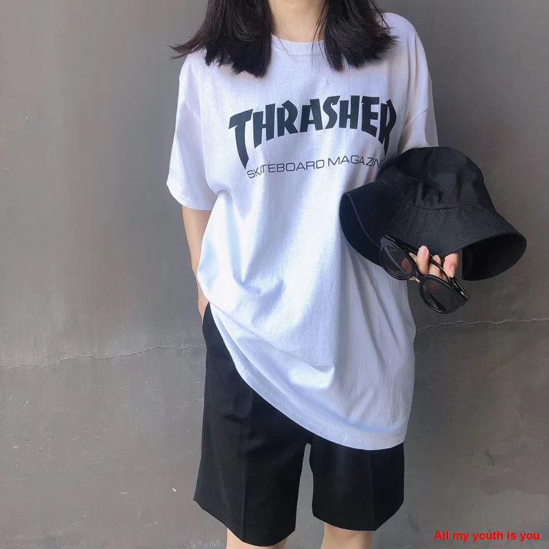 [Chụp ảnh thật 💕]Áo        European and American tide brand thrasher classic print short Sleeve female ins pure cotton loose couple men women half tee