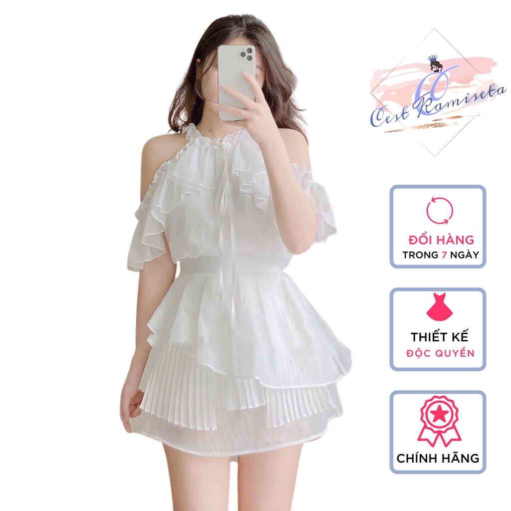 Sét váy Cest Kamiseta thiết kế áo trễ vai kèm chân váy điệu đà tiểu thư bánh bèo