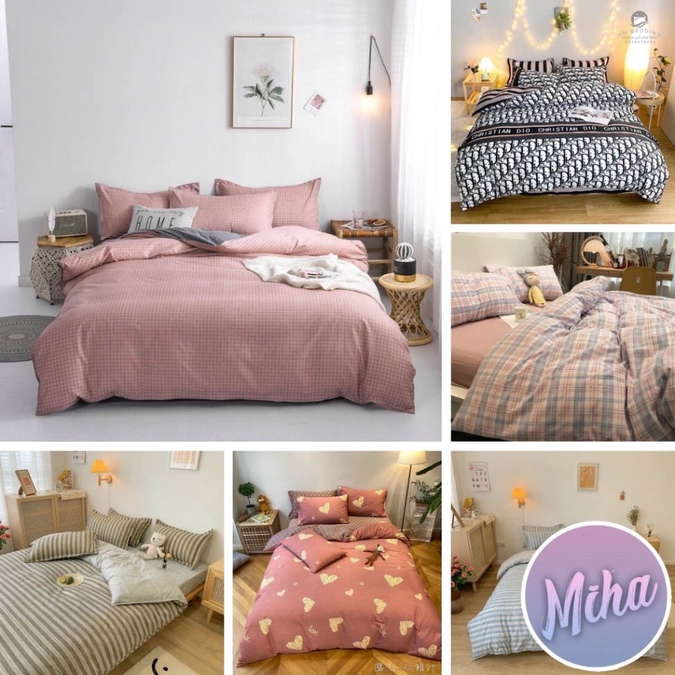 Bộ chăn ga gối Cotton Poly Kẻ Hàn Quốc, vỏ chăn mền, drap gường và 2 vỏ gối