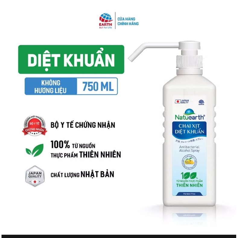 Cồn xịt diệt khuẩn Natuearth Plus 750ml  - Chiết xuất 100% từ thiên nhiên.
