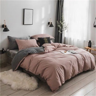 Poly Kẻ ô hồng - ga, 2 gối, vỏ chăn