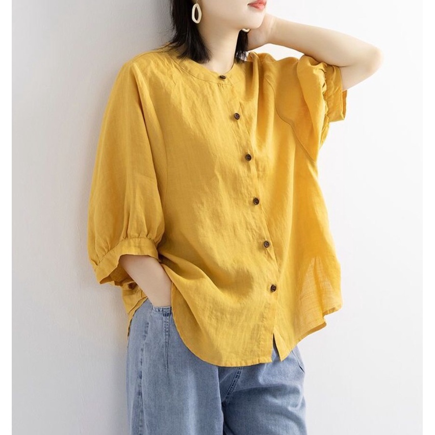 Áo sơ mi đũi nữ tay lỡ cổ tròn Thu Hà form rộng bigsize che khuyết điểm mặc đi làm đi chơi đều phù hợp SMH.34