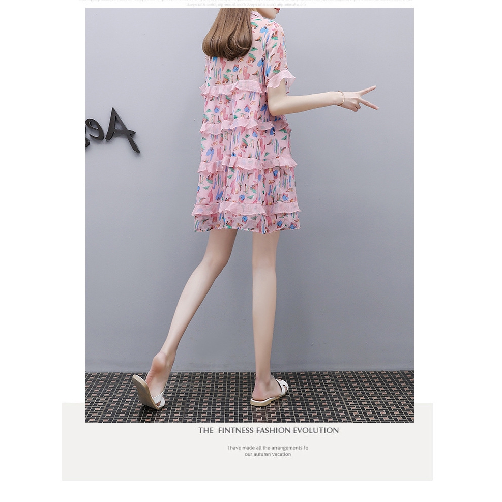 Lady's New Loose Doll Collar Chiffon A-line Dress Women Summer Pink Floral Dress