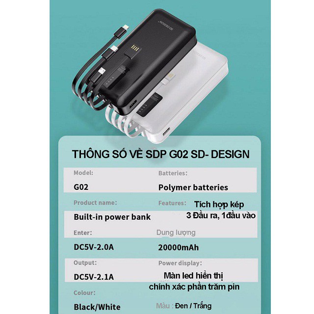 [Mẫu Mới 2021] Pin Sạc dự phòng G02 chính hãng 20,000mAh SD Design kèm 3 dây sạc, cáp sạt cổng USB, bảo hành 1 năm