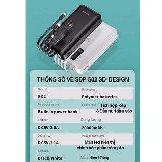Pin Sạc dự phòng G02 chính hãng 20,000mAh SD Design kèm 3 dây sạc, cáp sạt cổng USB, bảo hành 1 năm