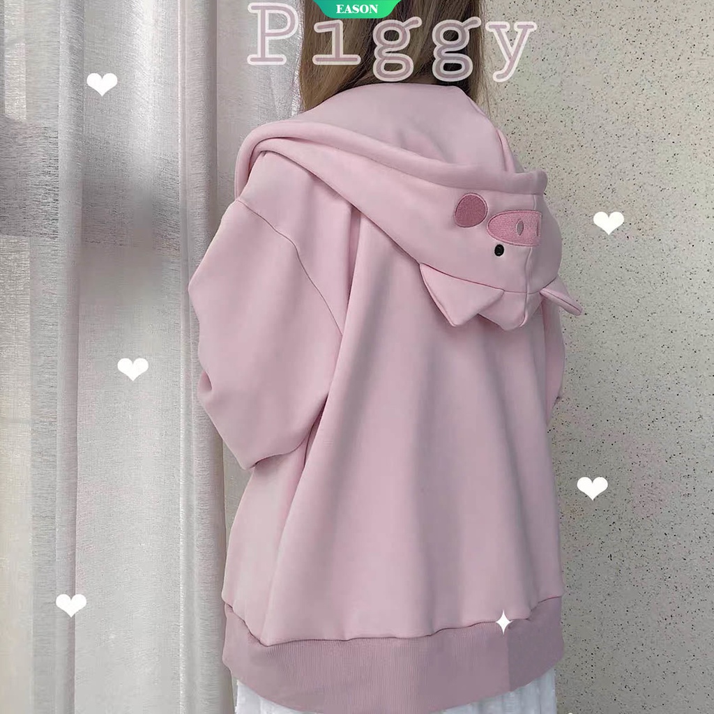 Áo Hoodie Dáng Rộng Thêu Hình Chú Heo Dễ Thương Thời Trang Thu Đông Cho Nữ