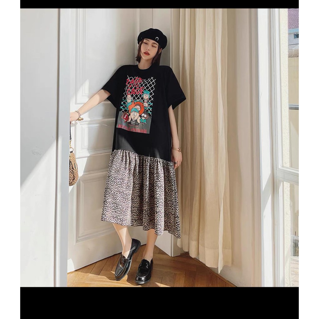 Váy suông chân bèo phối da báo dáng suông fom rộng y hình