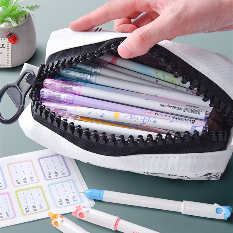 Túi Đựng Bút Màu Trắng Đen Sức Chứa Lớn Có Khóa Kéo Dành Cho Học Sinh