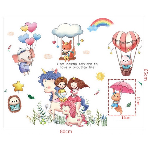 Decal trang trí tường - Mấy bạn thú bay lên trời siêu đáng yêu