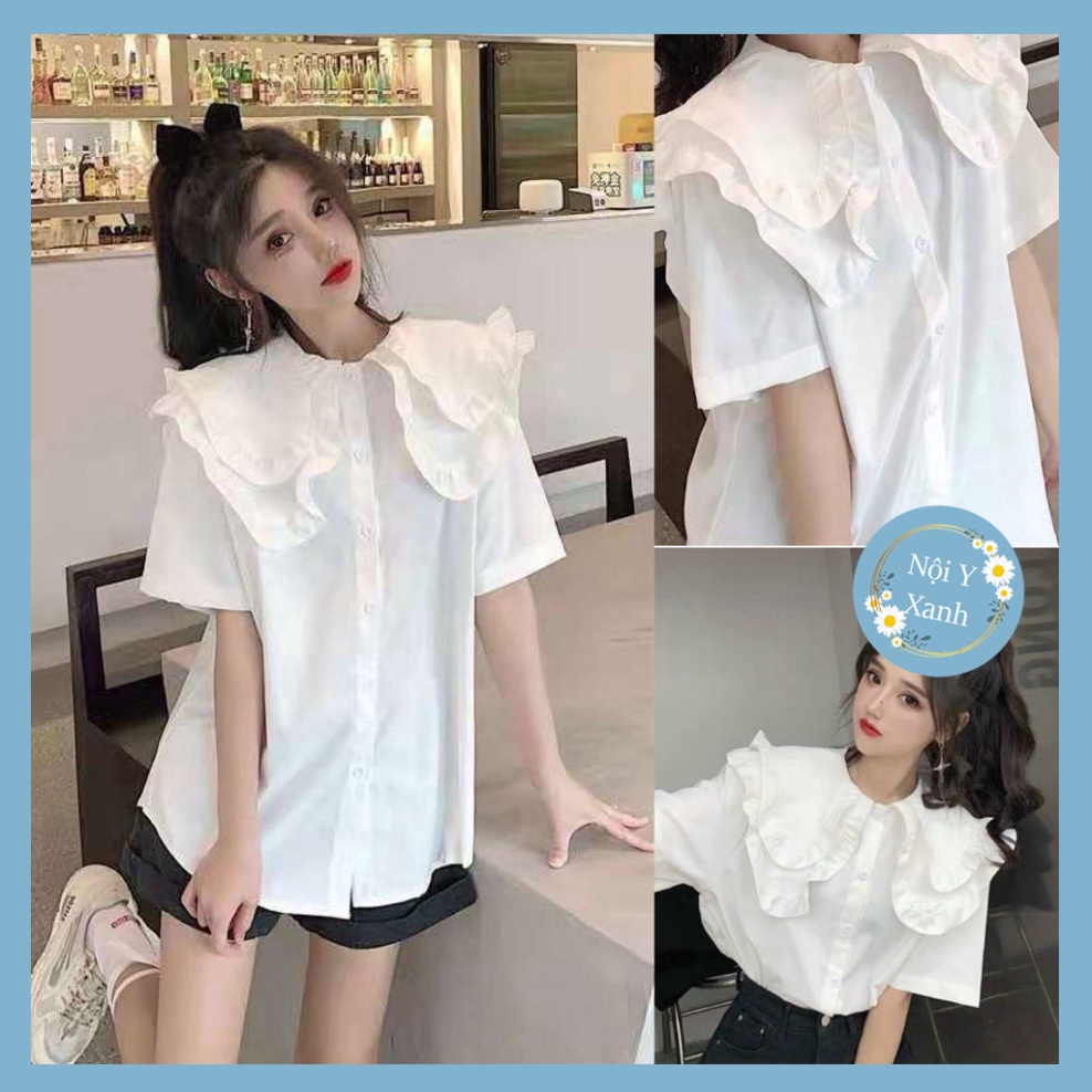 áo sơmi trắng nữ cổ bèo 2 tầng bèo ngắn tay mặc ngày hè A205 Nội Y Xanh hàng đẹp trendy - nội y xanh