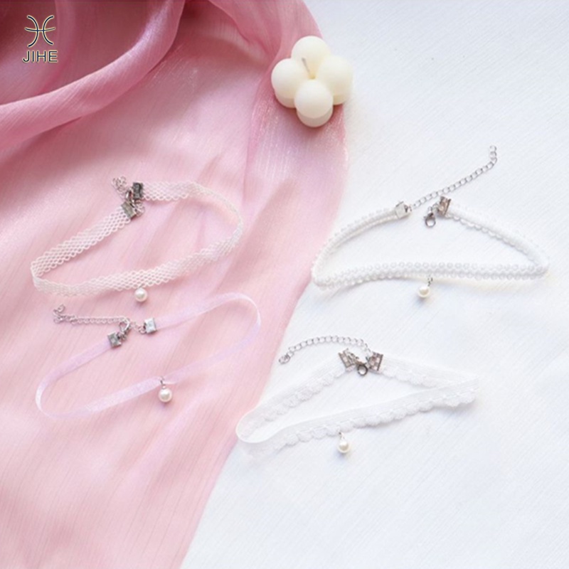 Vòng Cổ choker Dây Nhung Đính Ngọc Trai Trắng Phong Cách Nhật Bản