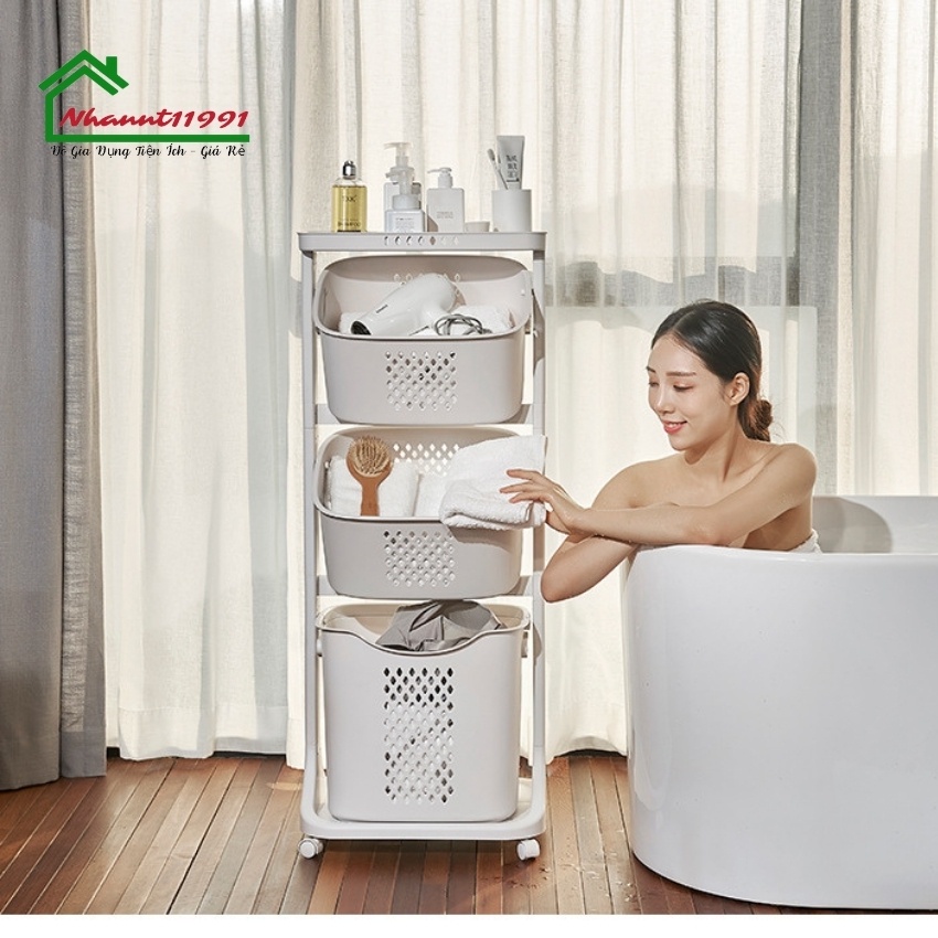 Kệ Đựng Đồ Đa Năng 3 Tầng, Giỏ Đựng Quần Áo Bẩn Phòng Tắm Có Bánh Xe Phong Cách Việt Nhật 5567