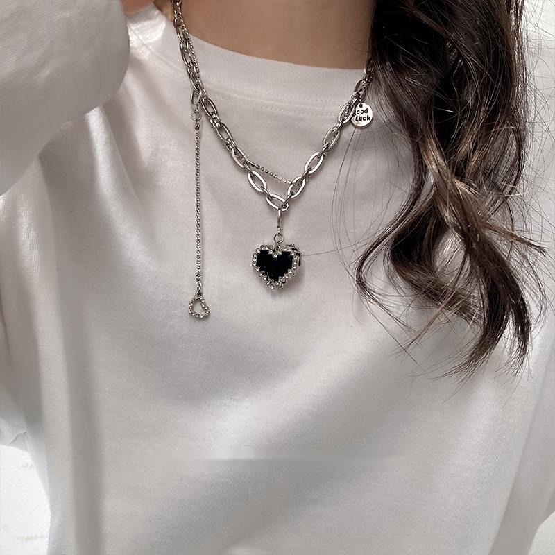 Vòng cổ mặt trái tim màu đen đính đá zircon phong cách hip hop 19A1675
