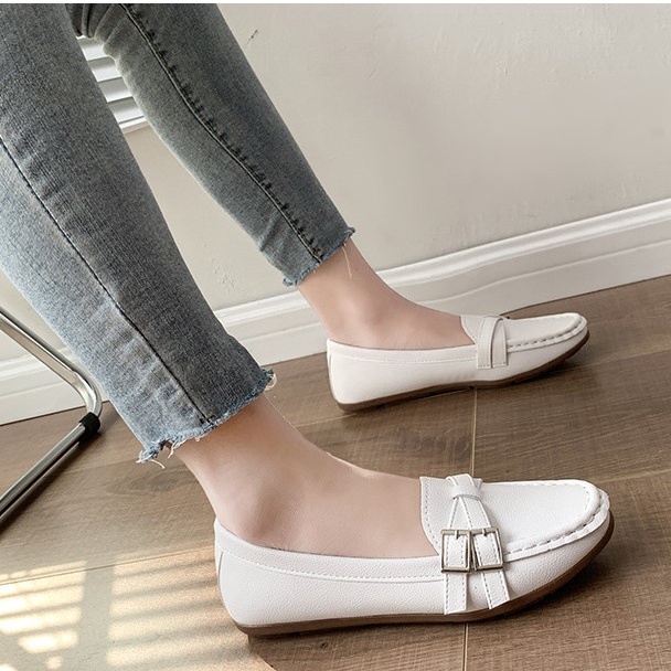 Giày mọi nữ da mềm đế cao su cao 1.5cm màu nâu trắng đen