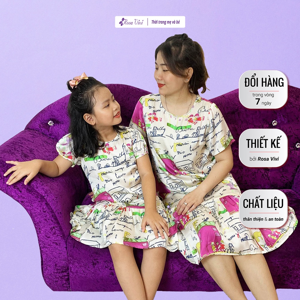 Đầm đôi mẹ bé Rosa Vivi dáng suông đuôi cá tay phồng trắng kem họa tiết nhà