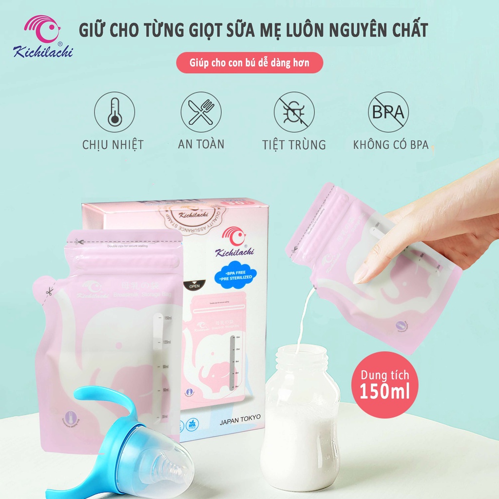5 Túi / Hộp 30 Túi trữ sữa cảm biến nhiệt 150ml Kichilachi có vòi rót 1 bên tiện lợi, an toàn cho bé - Kichi K30V