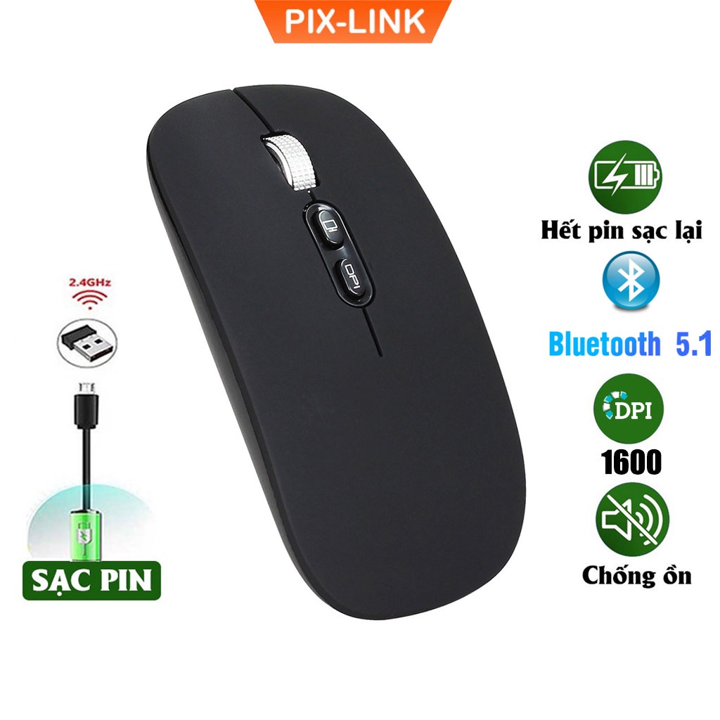 Chuột bluetooth PIXLINK P103BL 2 chế độ sạc pin siêu mỏng không gây tiếng ồn chuyên dùng cho Máy tính, pc, Laptop, Tivi