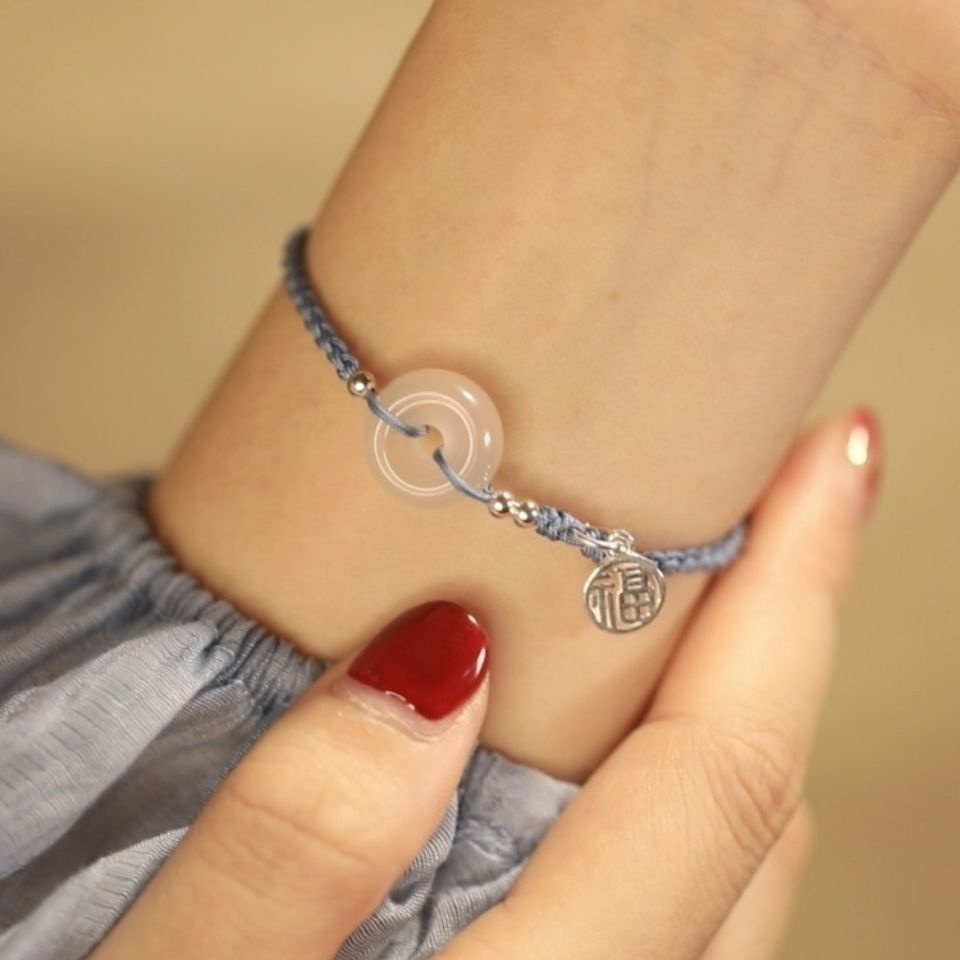 Vòng Đeo Tay May Mắn Bện Dây Đỏ Bằng Đá Chalcedony Tự Nhiên An Toàn